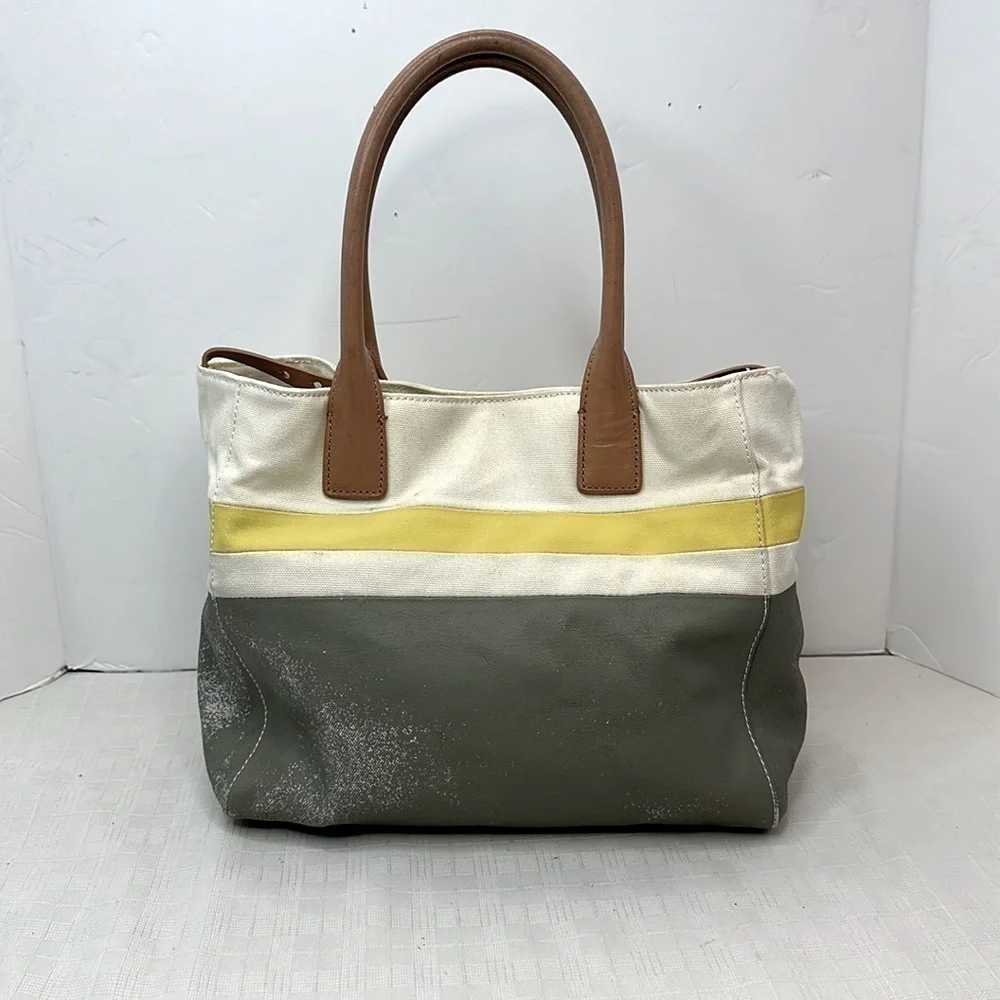 Tory Burch logo color block canvas with leather trim tote